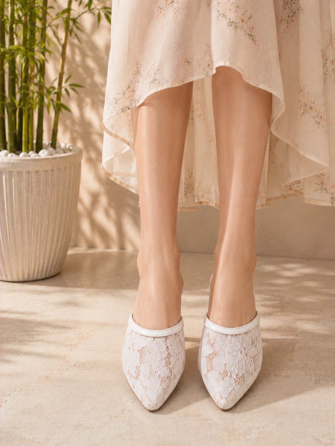 Ivory Lace Pointed-Toe Kitten Heel Mules