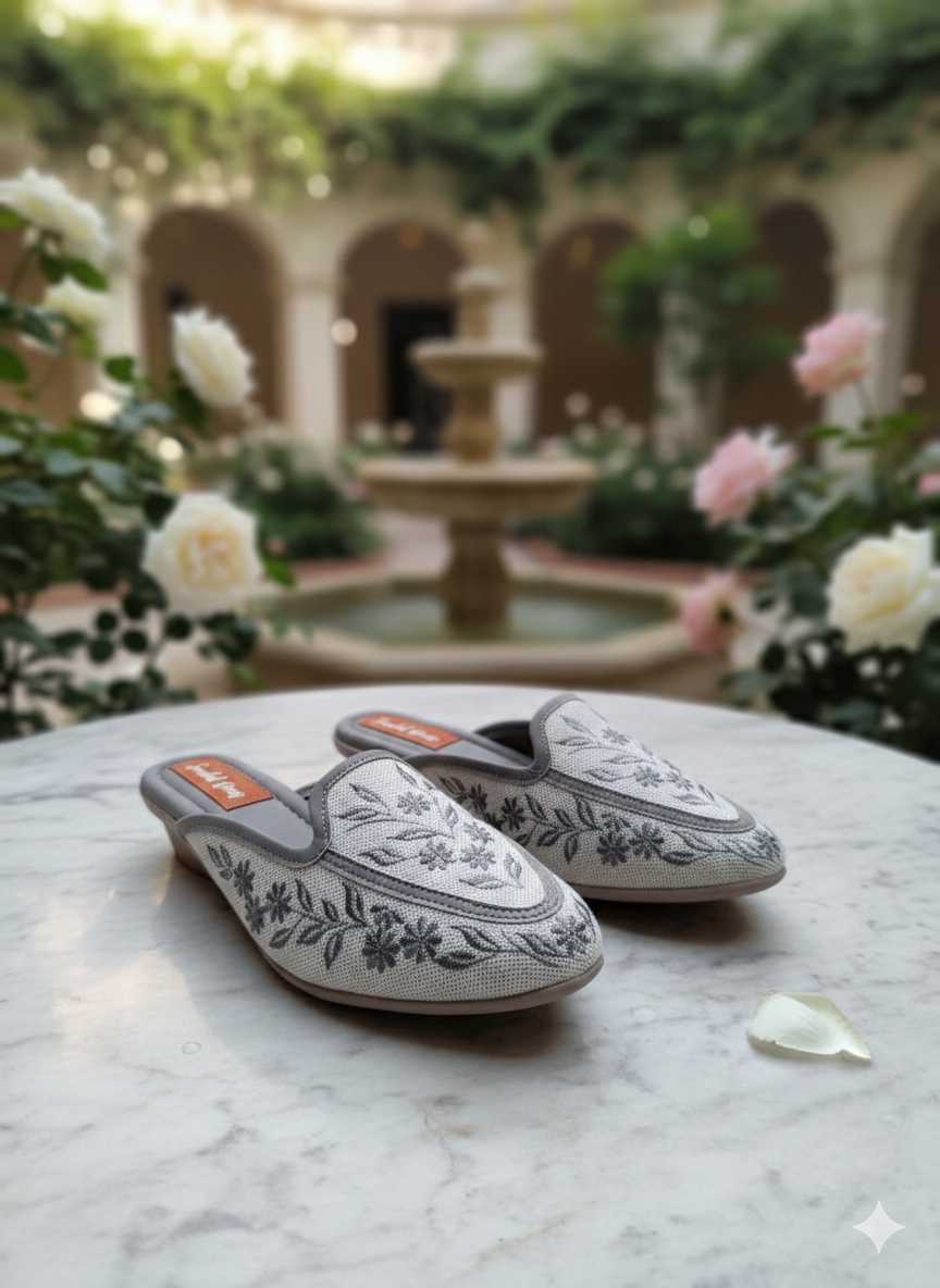 Flora Grey Embroidered Mules