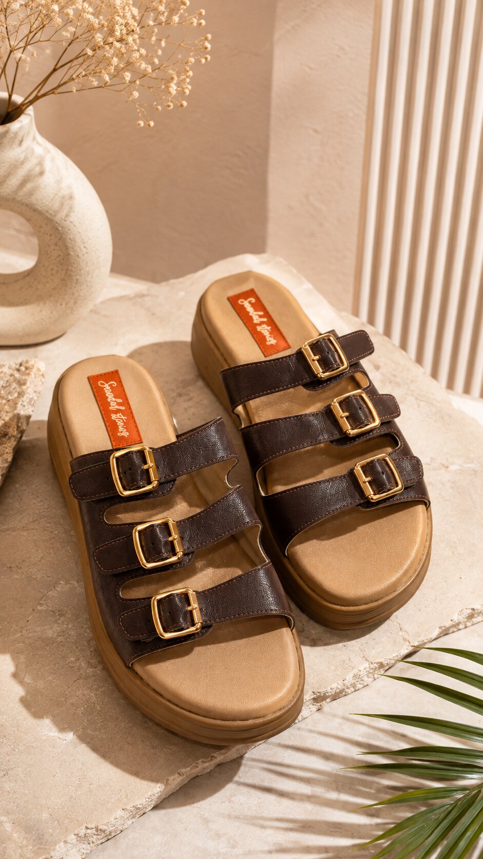 Mocha Luxe Triple-Buckle Sandals