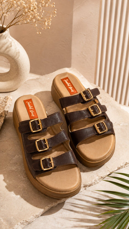 Mocha Luxe Triple-Buckle Sandals